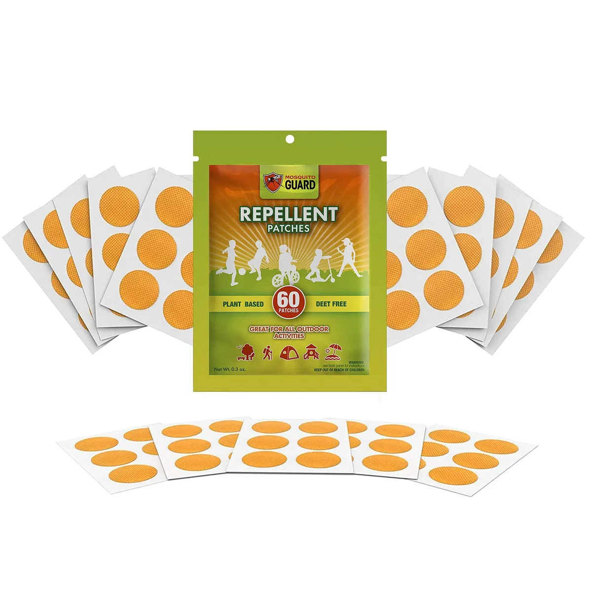 A rectangular box containing sixty small adhesive patches with plant-based essential oil ingredients
