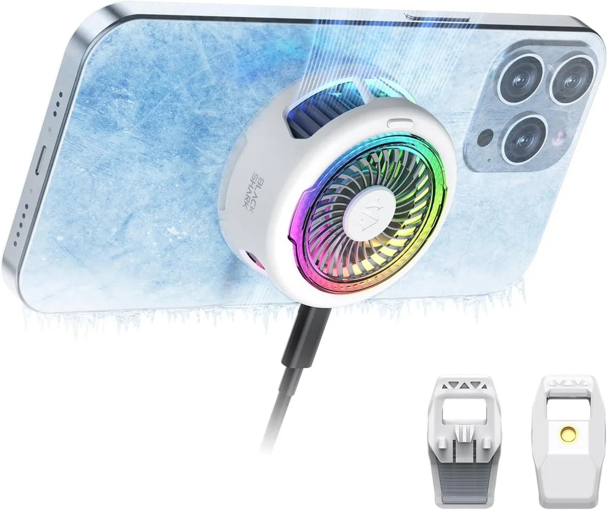 Black rectangular phone cooler with RGB lighting, magnetic back, compact form factor