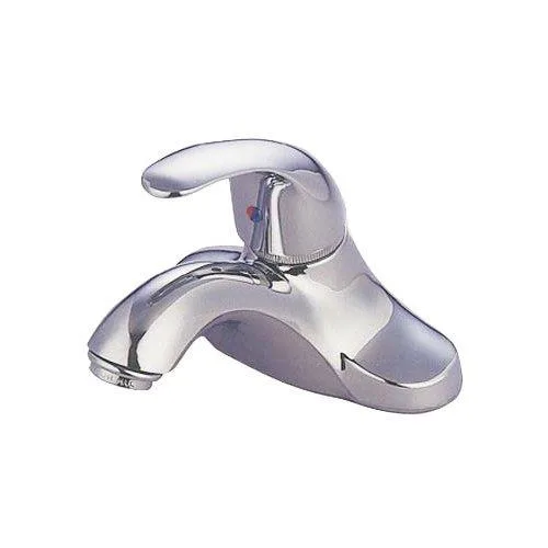Chrome two-handle centreset lavatory faucet with curved spout and matching pop-up drain
