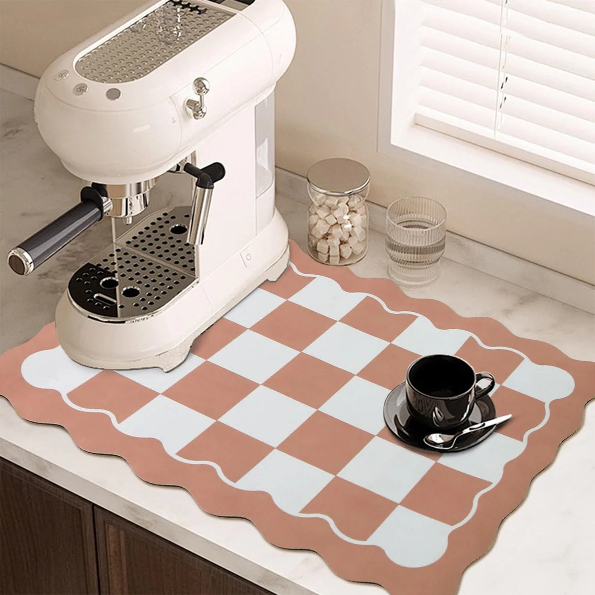 Terracotta scalloped checkered drying mat 12 by 19 inches with rubber backing