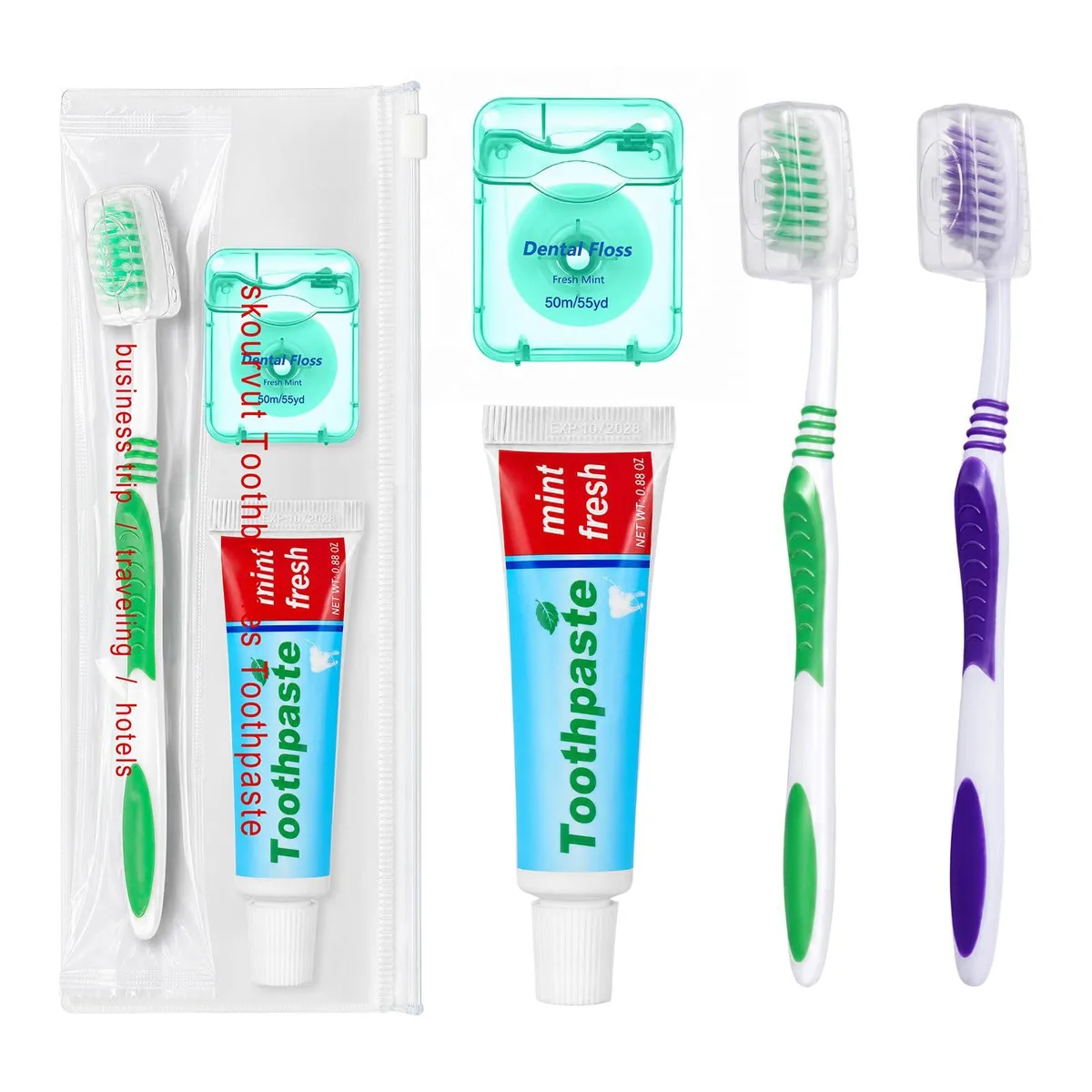 Purple zipper bag containing toothbrushes with covers toothpaste and dental floss