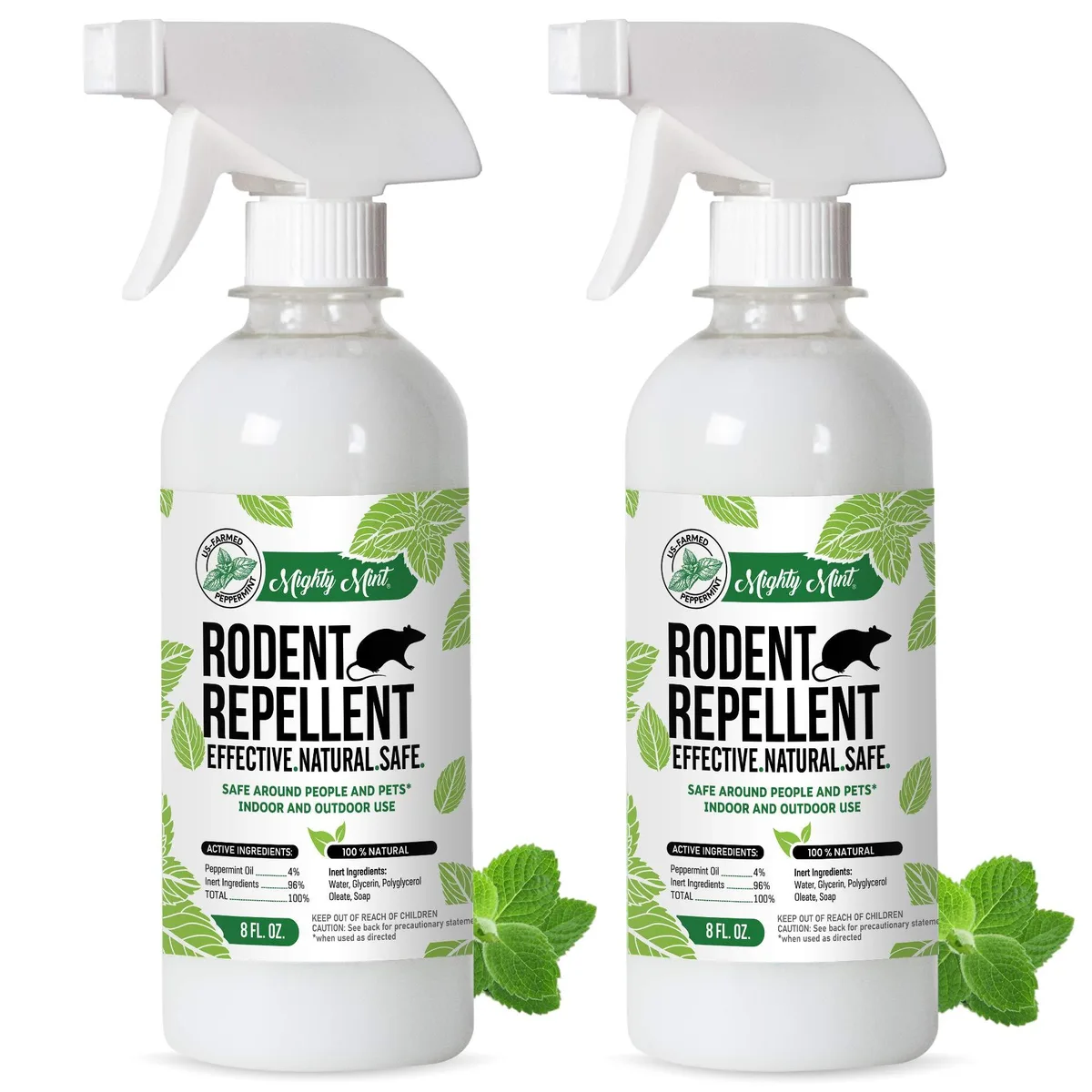 Two 8oz spray bottles with white labels and green accents
