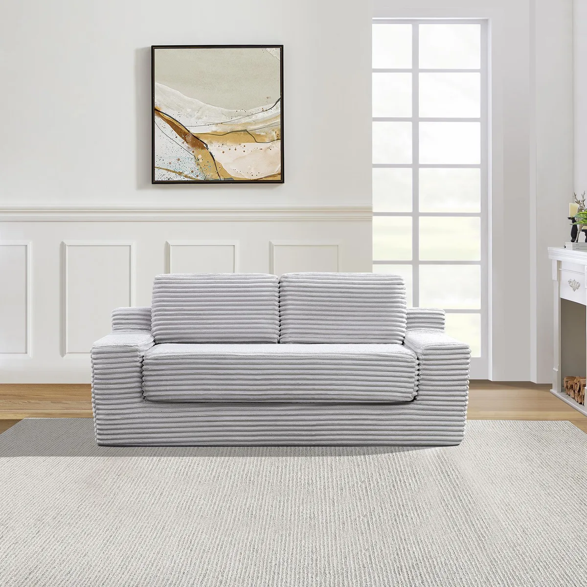 Grey corduroy convertible sofa bed folded flat in a box