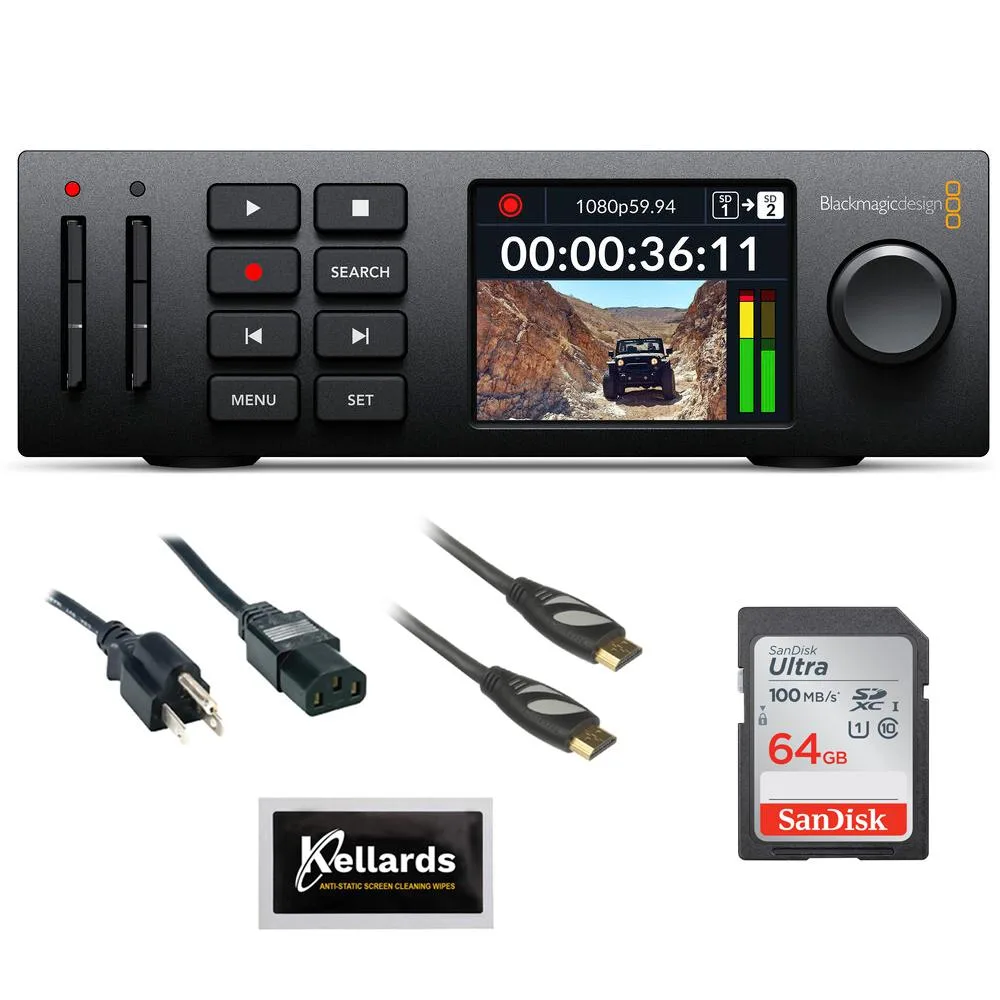 Compact 1/3 rack recorder with front LCD, jog wheel, buttons, bundled SD card and cables