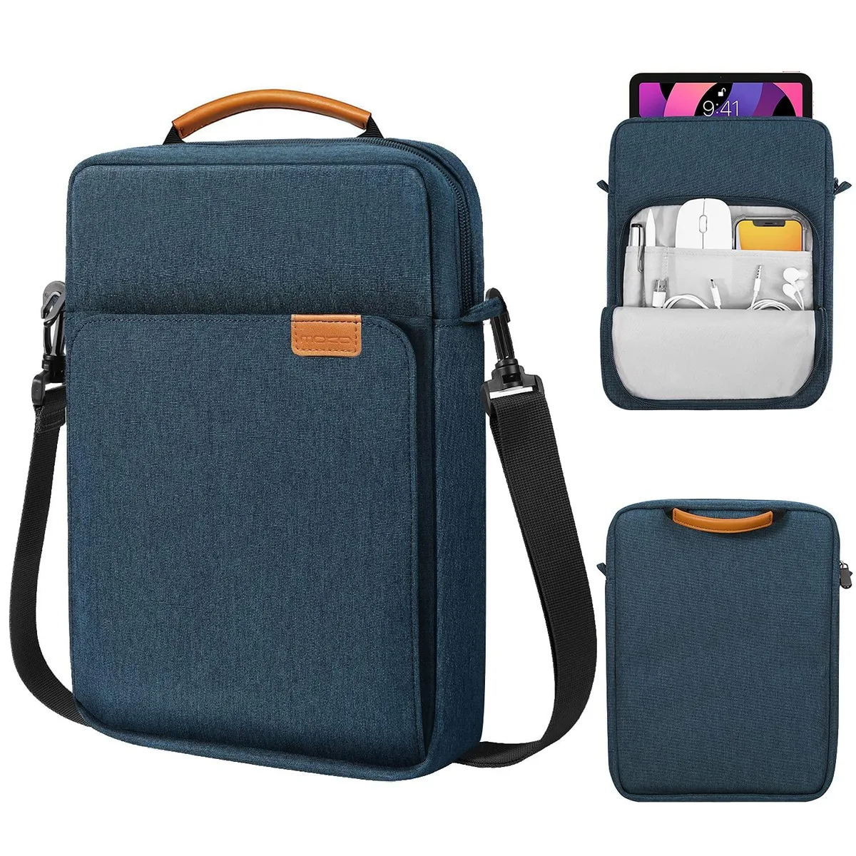 Black tablet sleeve with handle and adjustable shoulder strap, zippered front pocket, mesh pocket, pen slots
