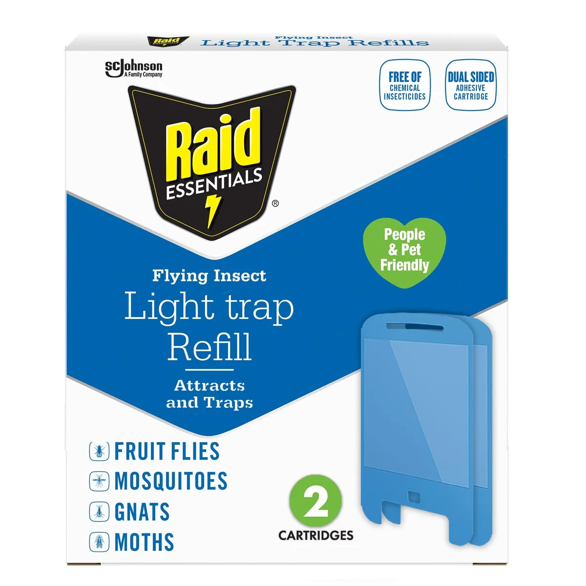 Two white rectangular refill cartridges with blue light strips and adhesive backing visible