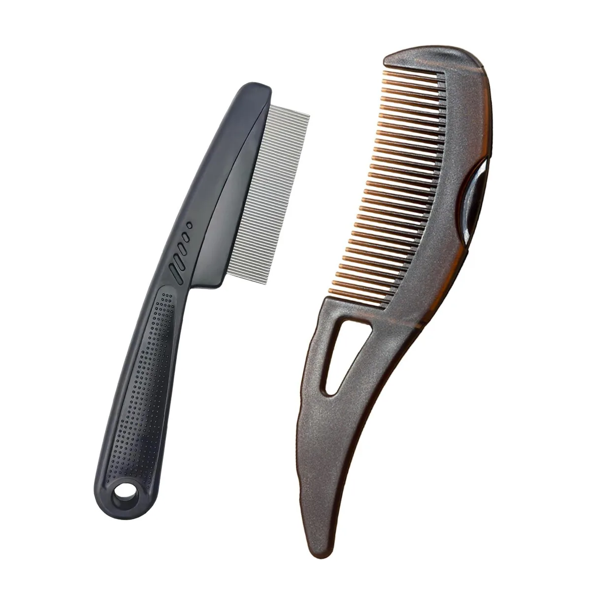 Two black combs: one wide-tooth plastic, one fine-tooth stainless steel