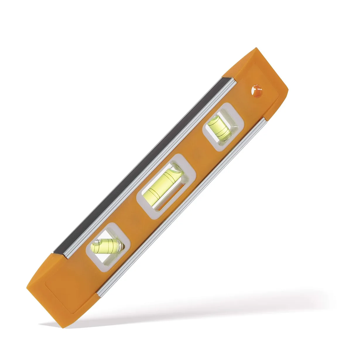 Bright orange 9 inch magnetic torpedo level with three bubble vials and aluminum frame