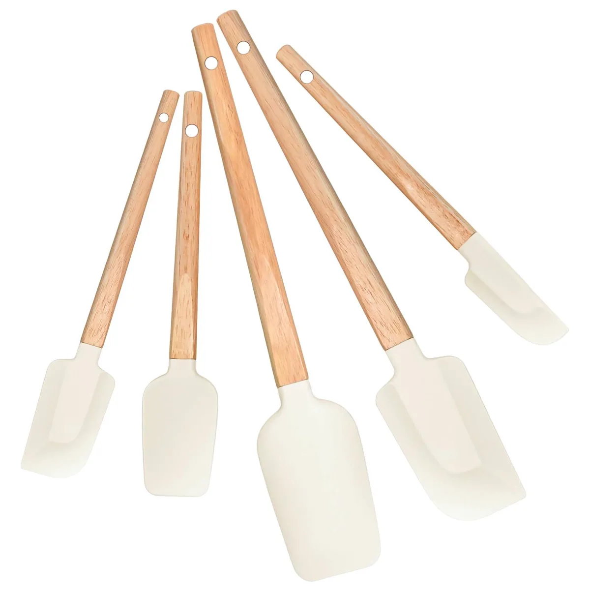 Five white silicone spatulas with wooden handles
