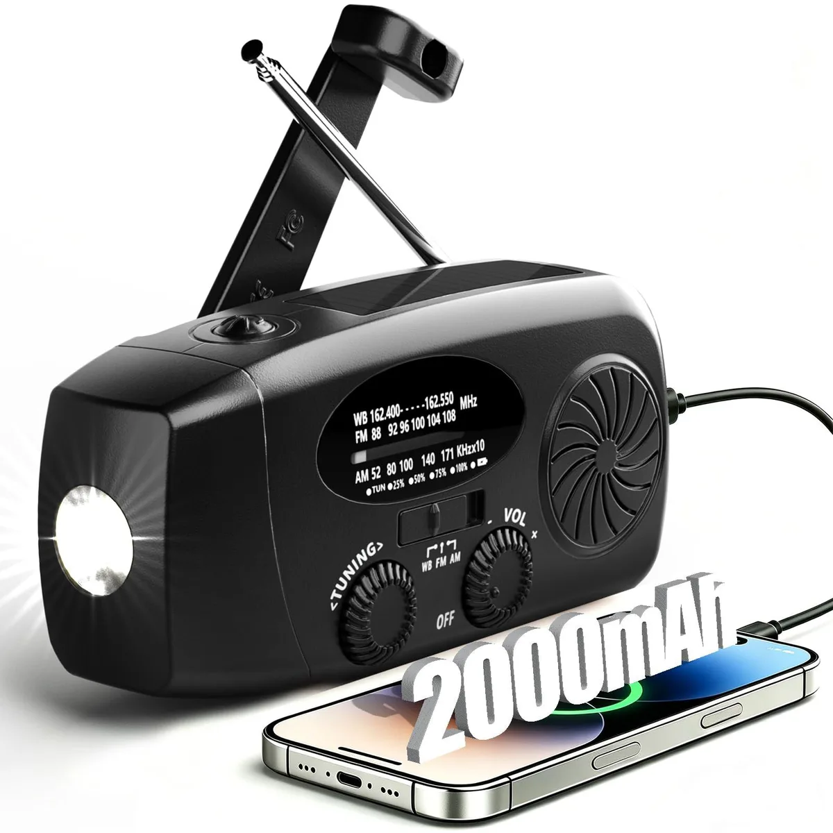  Lanshanchu ALERTSYNC NOAA Weather Radio AM/FM 2000mAh Solar Hand Crank Flashlight SOS — product photo