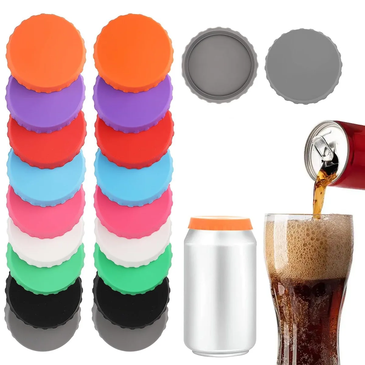 Eighteen round silicone can lids in nine assorted colours, stacked together