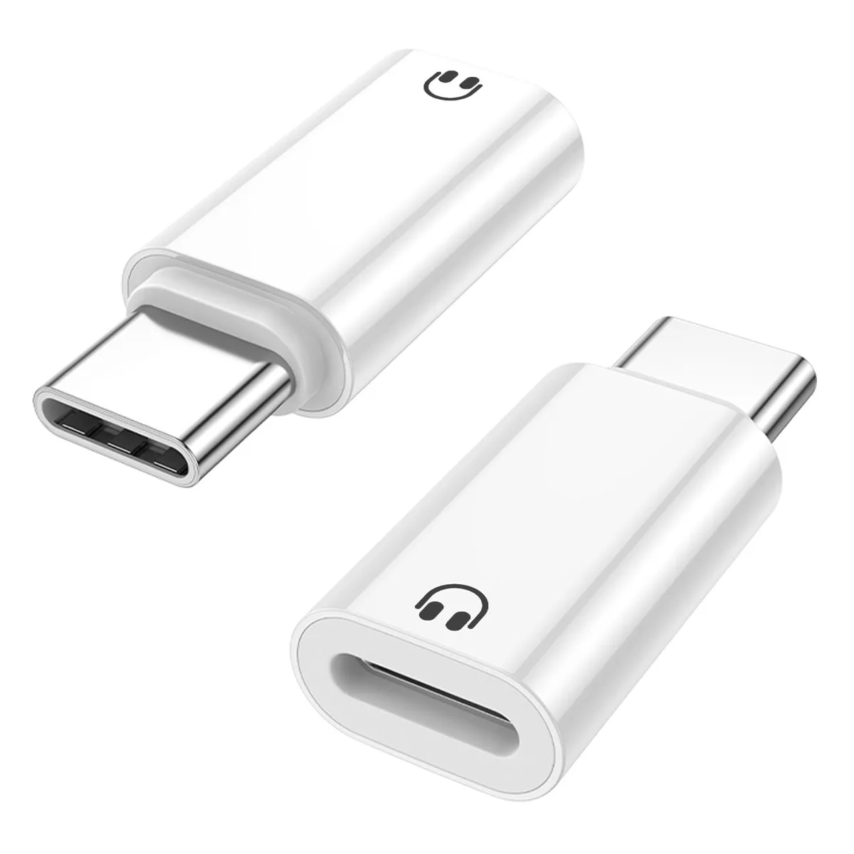 Two white USB-C to Lightning audio adapters side by side