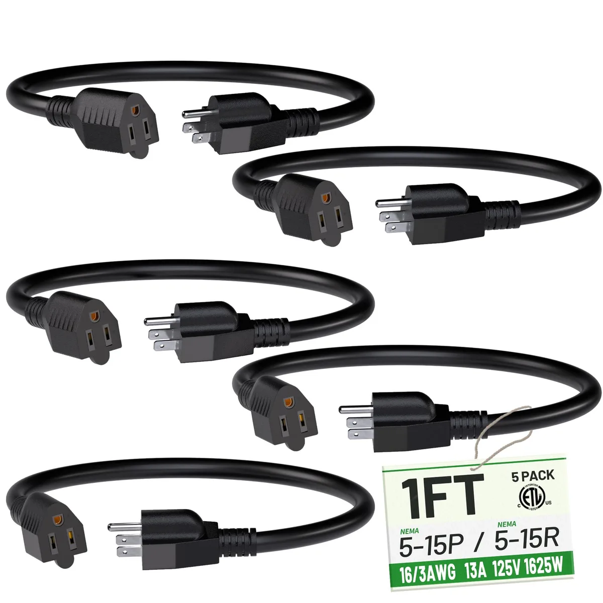  POWGRN 1ft 16/3 AWG Power Extension Cord 5 Pack NEMA 5-15P to 5-15R 13A 125V 1625W Black — product photo