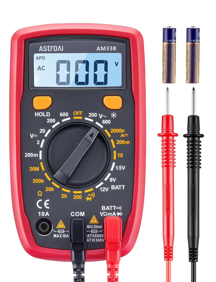 Black digital multimeter with LCD display, test leads and rubberised case