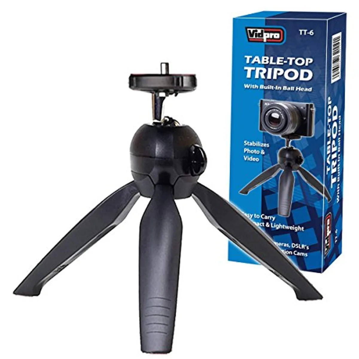 Compact black polycarbonate table-top tripod with spring-locking ball head and rubber feet