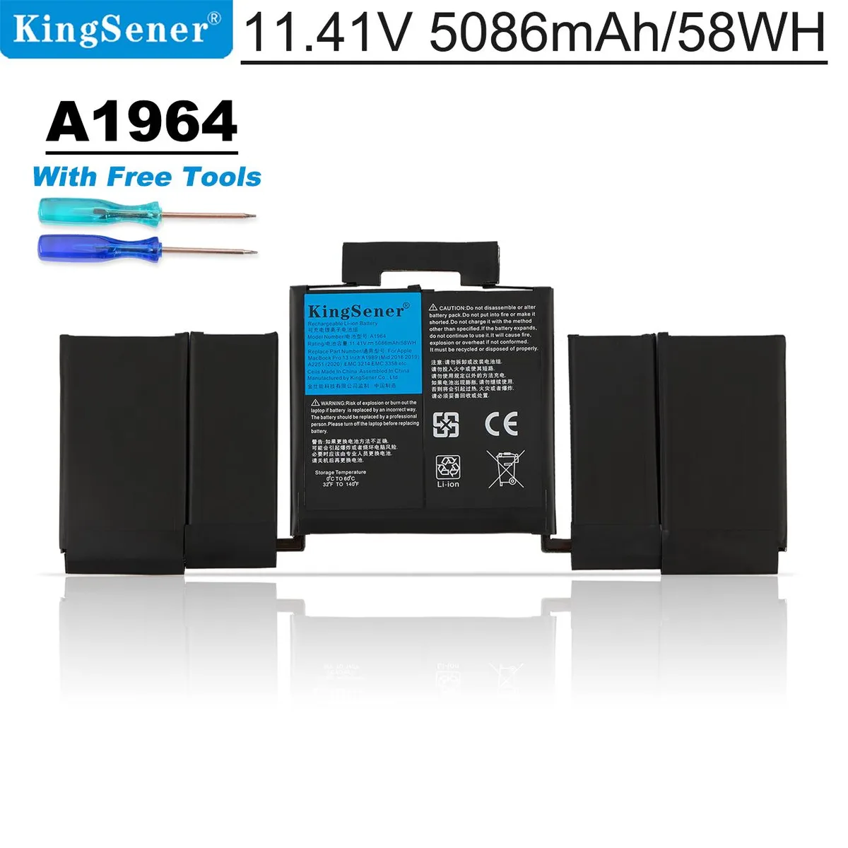 KingSener KingSener A1964 laptop battery 58.0WH 11.41V for MacBook Pro 13" 2018-2020 — product photo