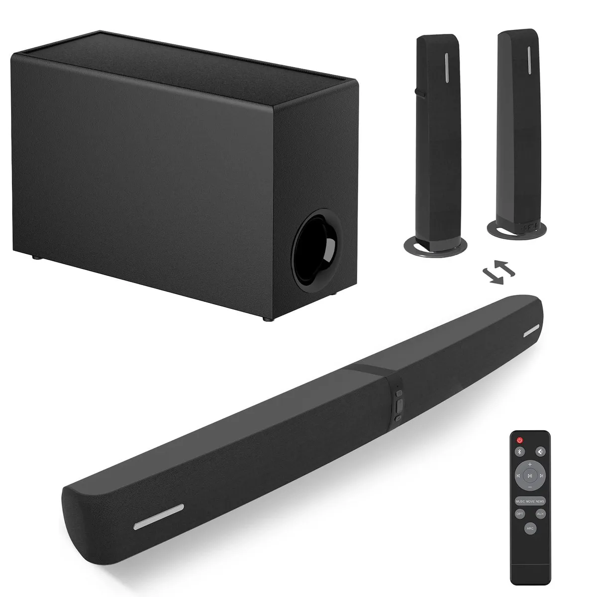 Two matte-black soundbar halves and a wired subwoofer, 110W system, 120mm wide, 25mm deep