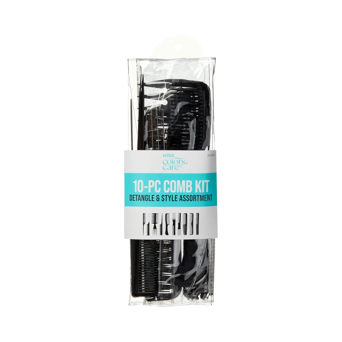 Black plastic 10-piece comb set in clear packaging