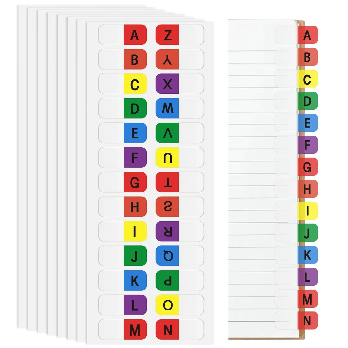 Eight sheets of multicolour vinyl A-Z index tabs, 208 pieces total