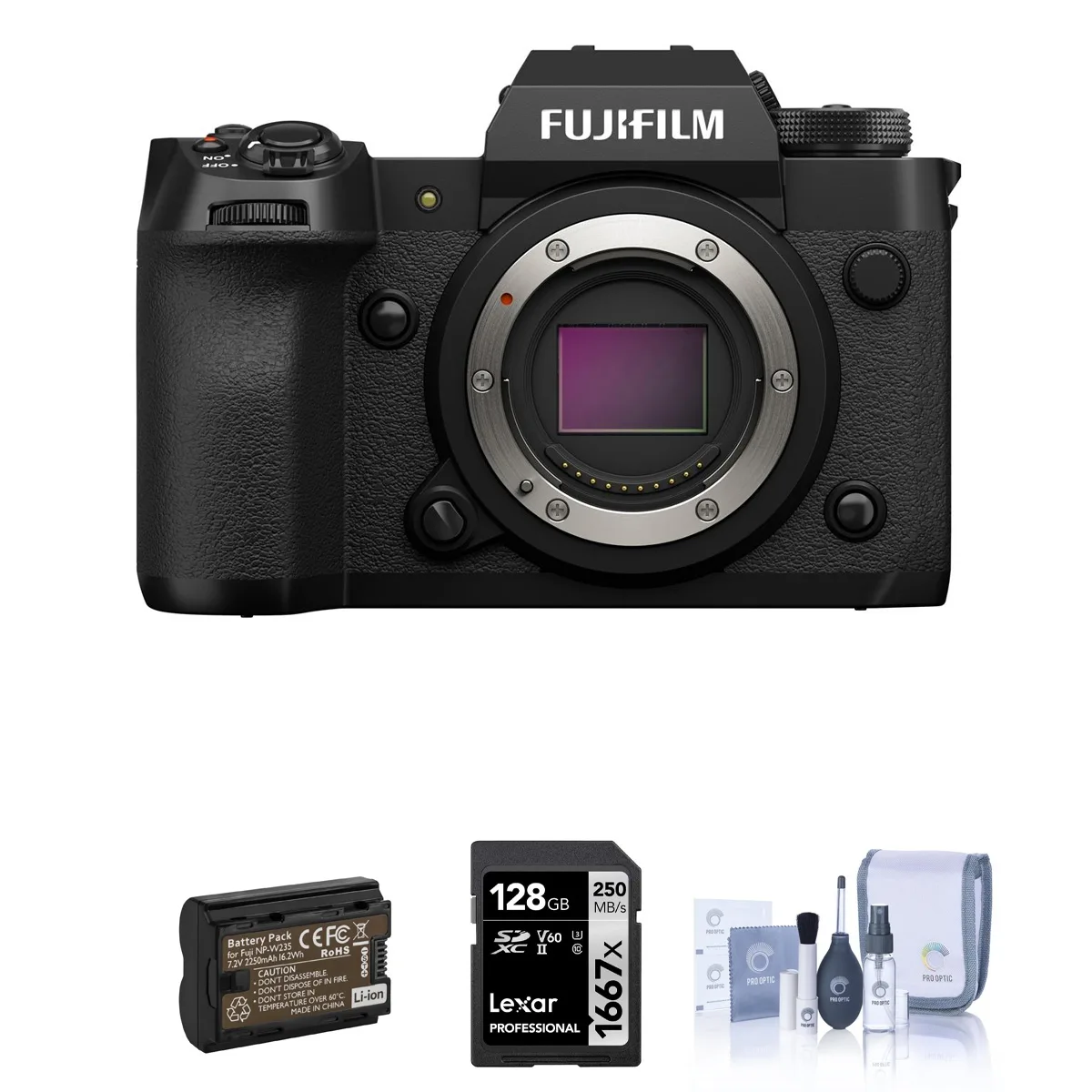 FUJIFILM FUJIFILM X-H2 40.2MP Compact Mirrorless Camera Black Bundle 128GB SD Card Extra Battery Cleaning Kit — product photo