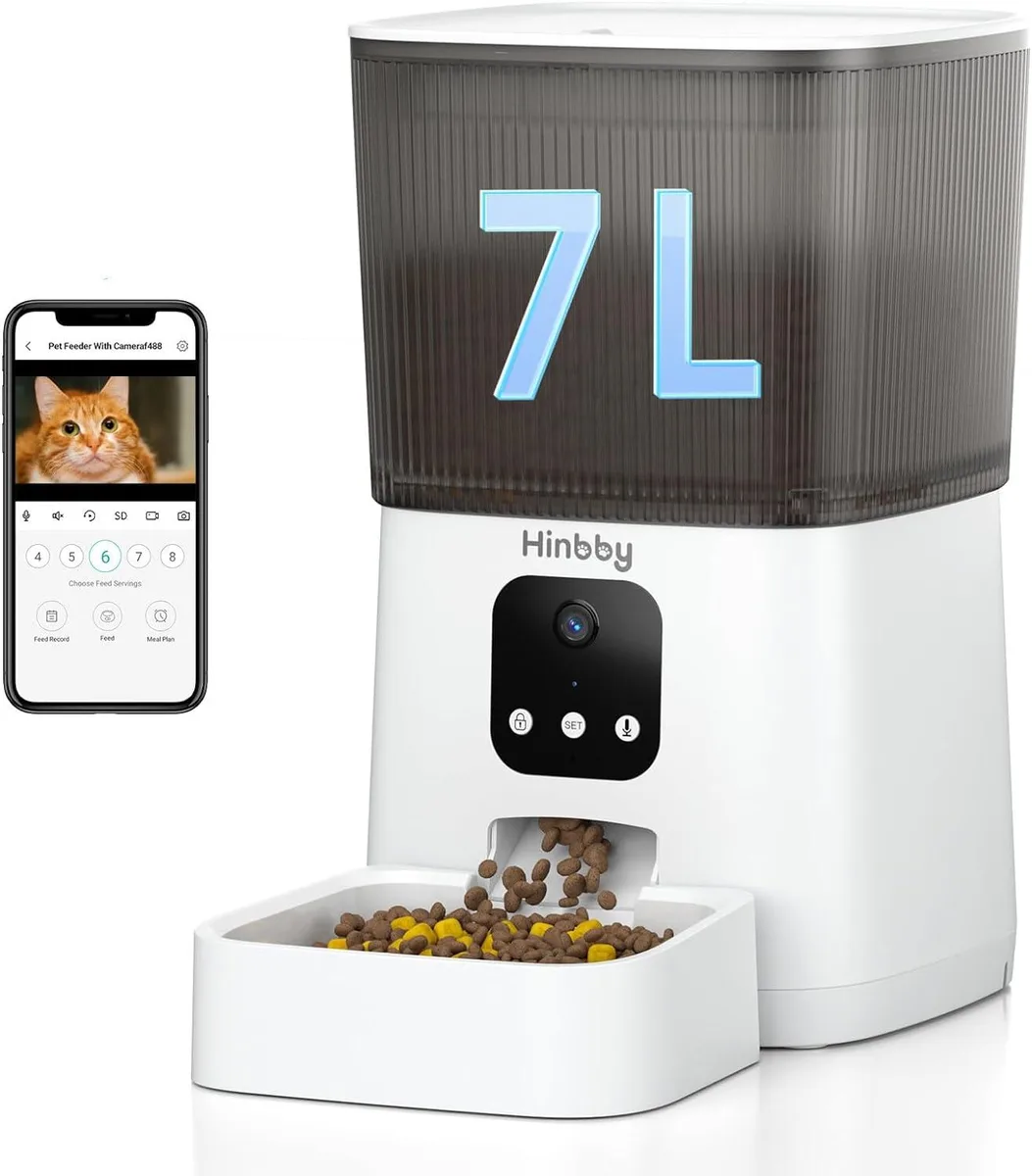 White cylindrical pet feeder with front camera lens and matte finish