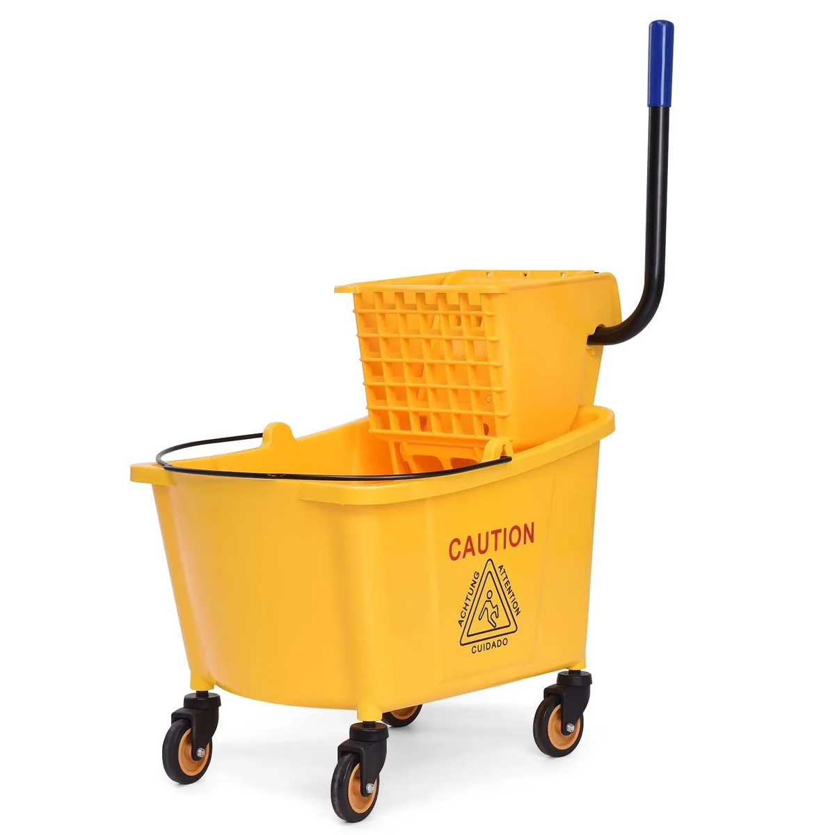 Yellow 35 quart mop bucket on wheels with side press wringer and handle