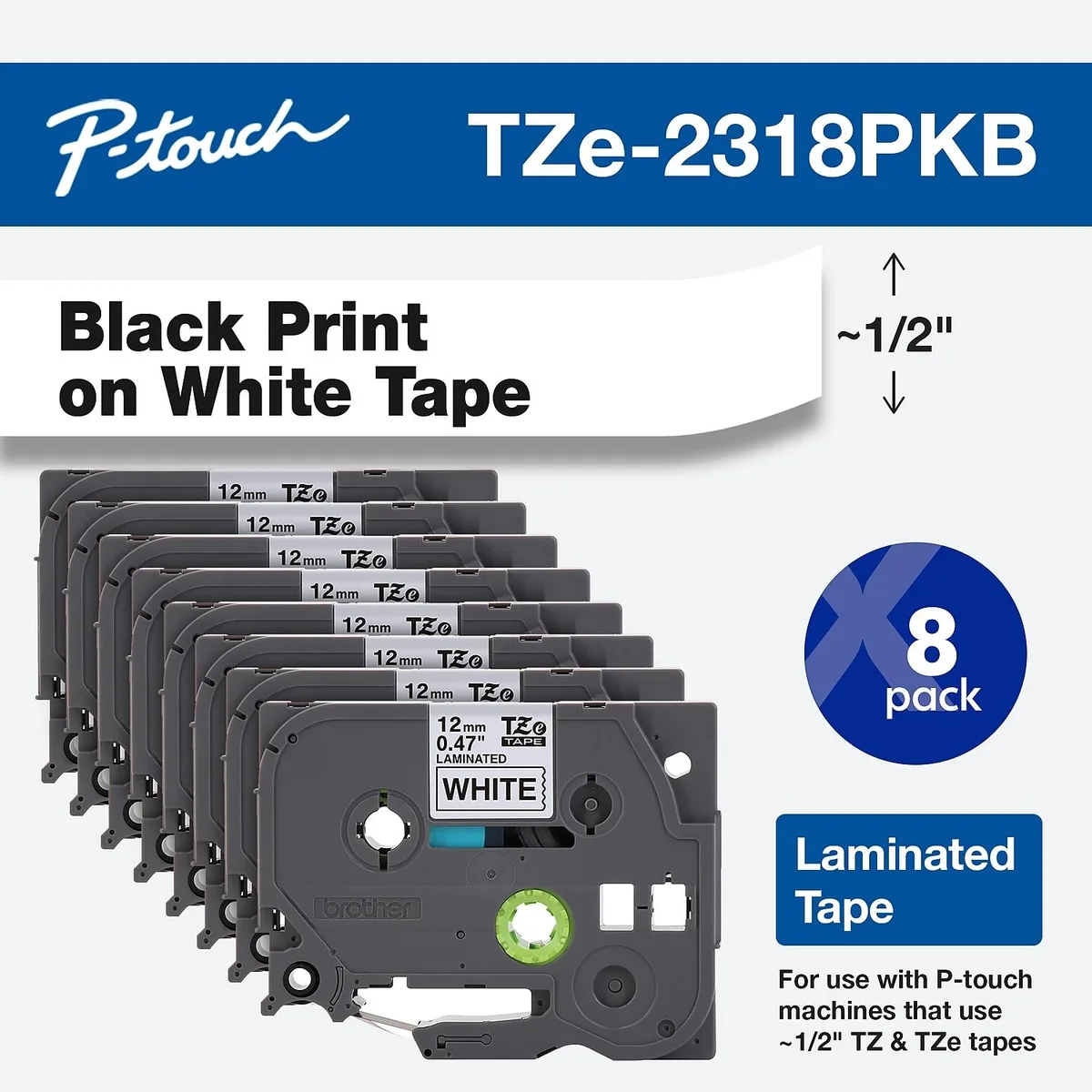 Brother Brother TZe-231 Label Tape 1/2" Black on White 8 Pack — product photo