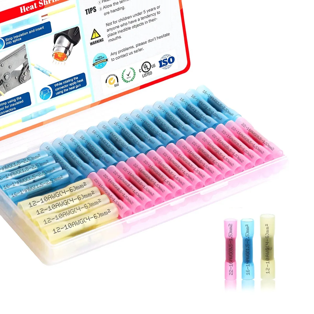 Clear plastic box holding 100 blue heat-shrink butt connectors