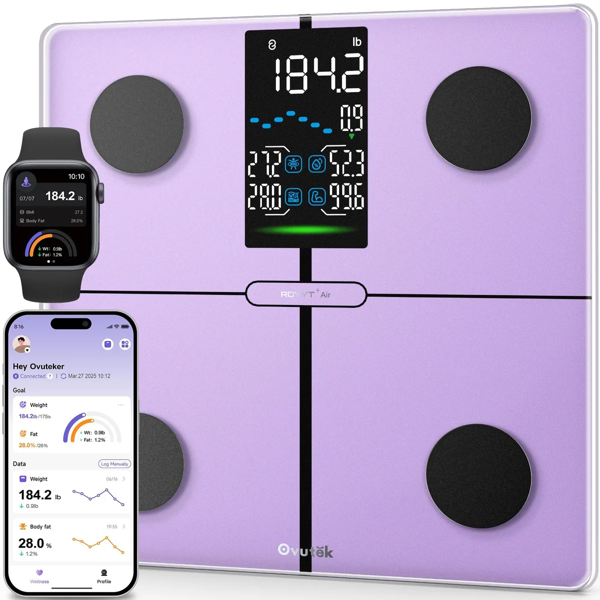 Purple digital bathroom scale with large display and glass platform