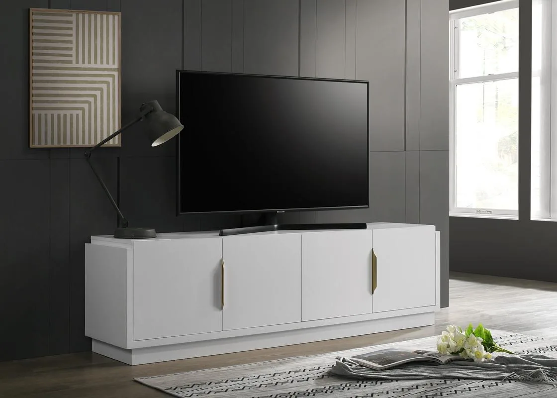 White wooden TV stand with four doors and gold metal handles