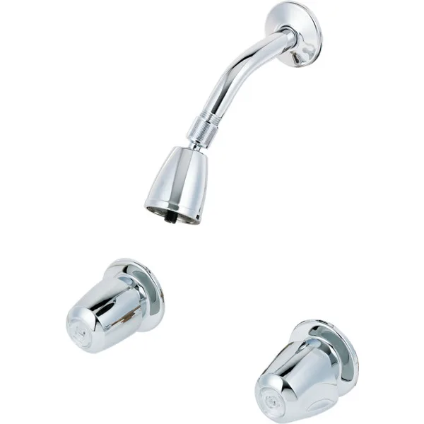 Chrome two-handle shower faucet with metal knob handles on 8-inch centers, sliding escutcheons and black spray plate
