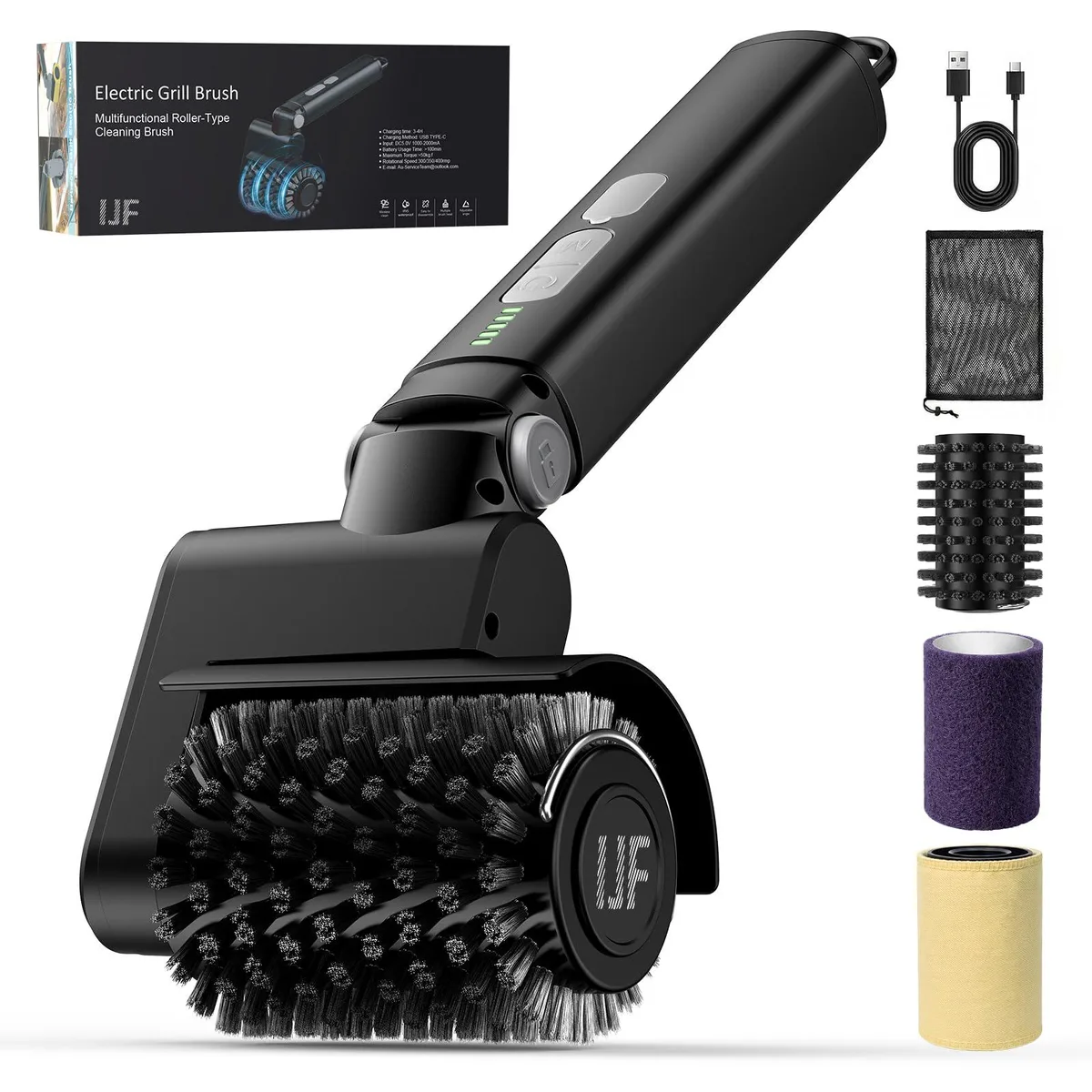 Cordless grill cleaner with three brush heads adjustable handle angles 180 144 108 degrees