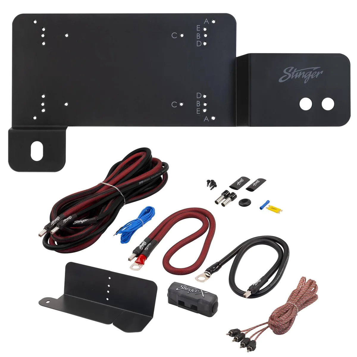 Metal amp bracket and wiring kit with pry tools and coozy