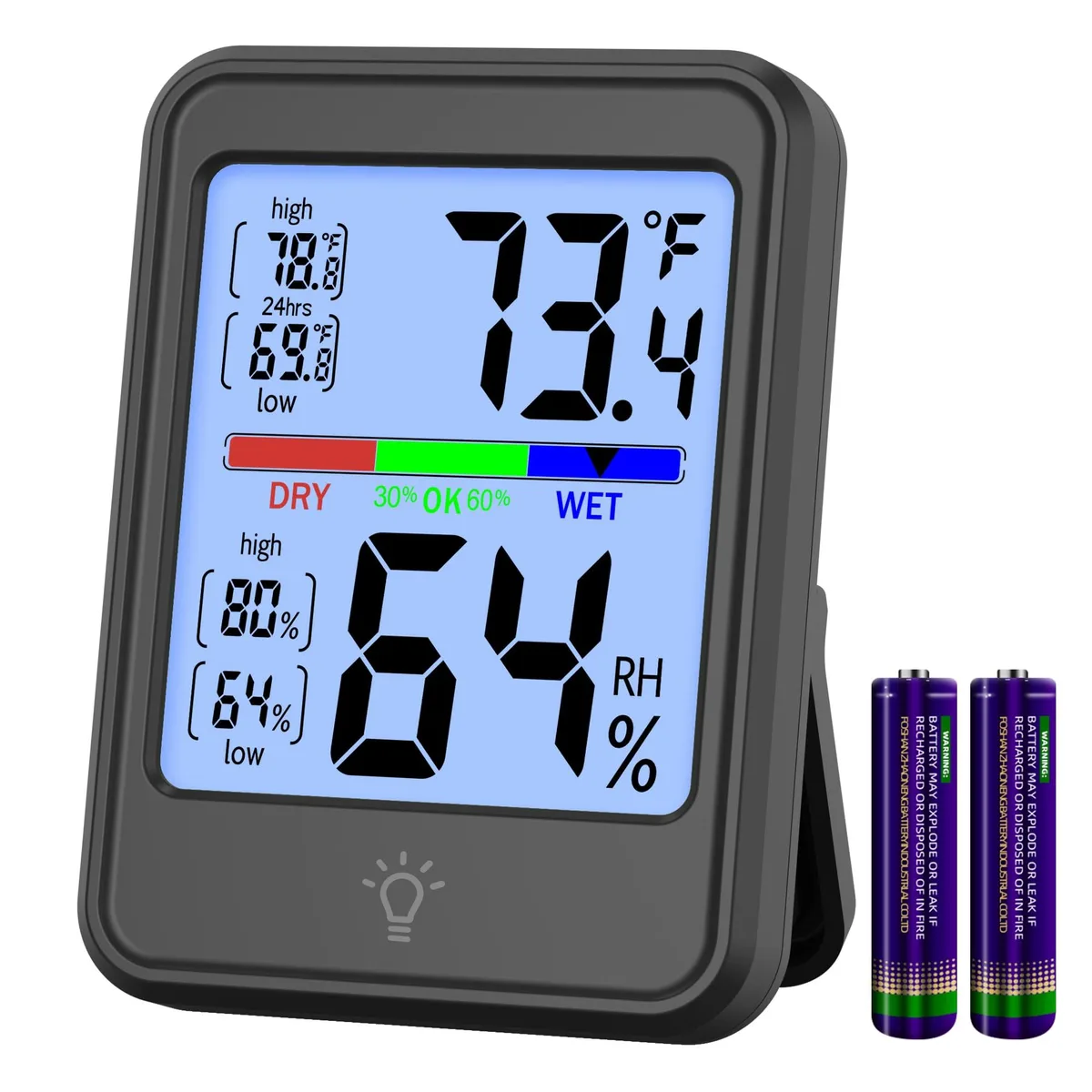 Black rectangular digital hygrometer with white backlit LCD display and comfort indicator