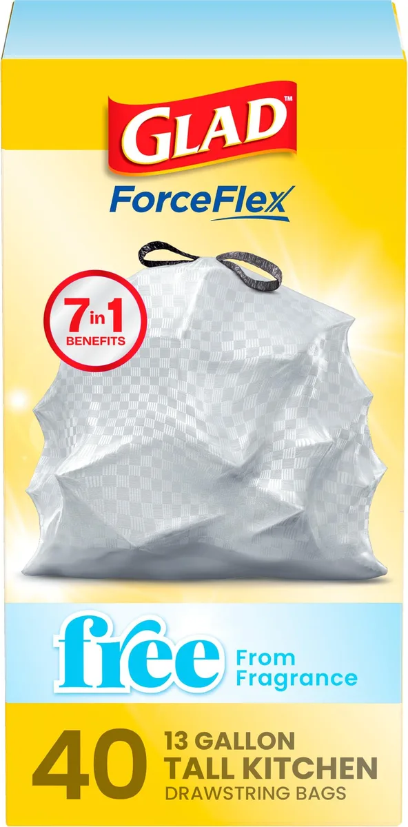 White rectangular box of 40-count 13-gallon drawstring trash bags