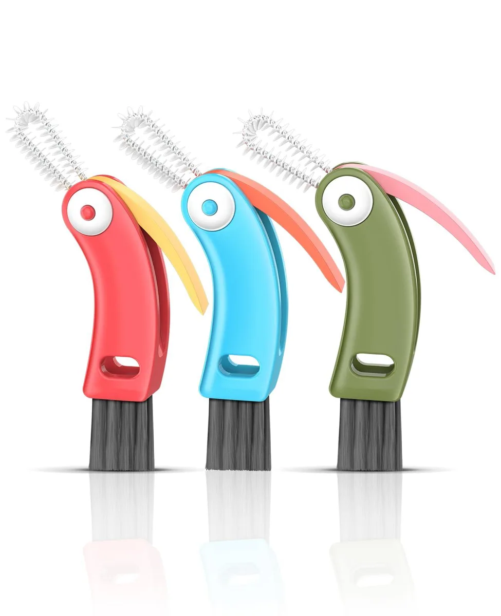 Three multicoloured bird-shaped cleaning brushes with arc handles and interchangeable heads