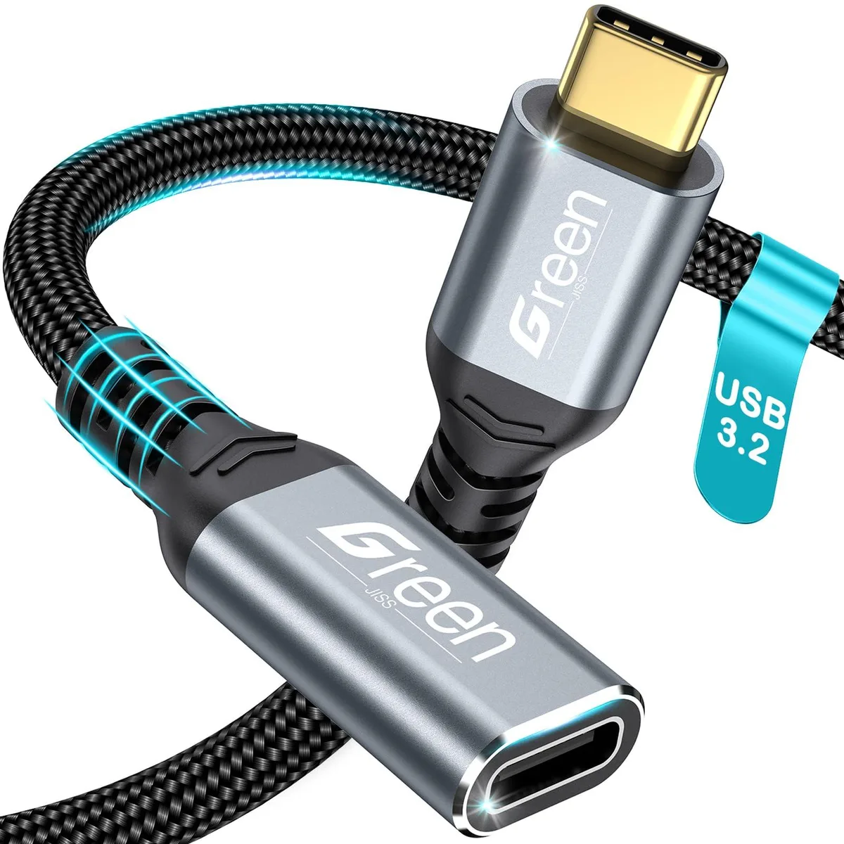 Grey USB-C male-to-female extension cable, 1.5 ft