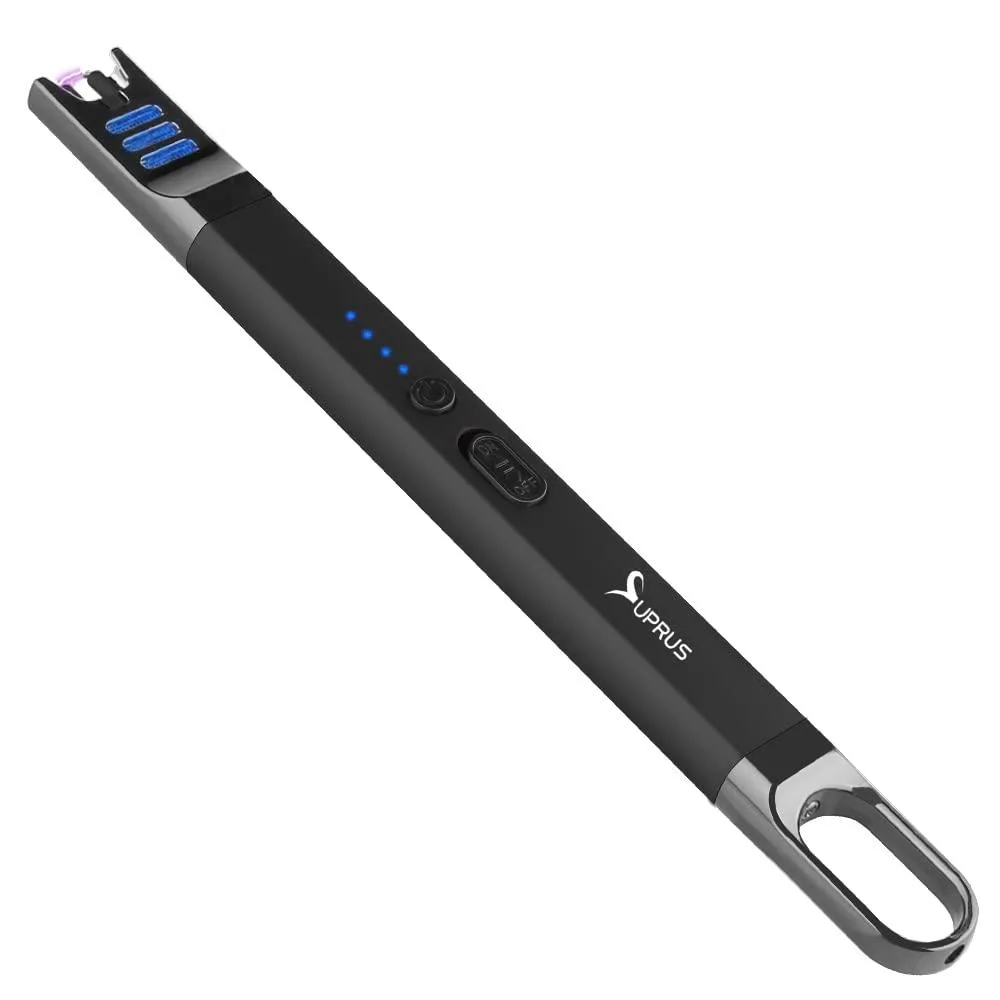 Black metal arc lighter with slide-out tip, four LED charge indicators and a hanging hook