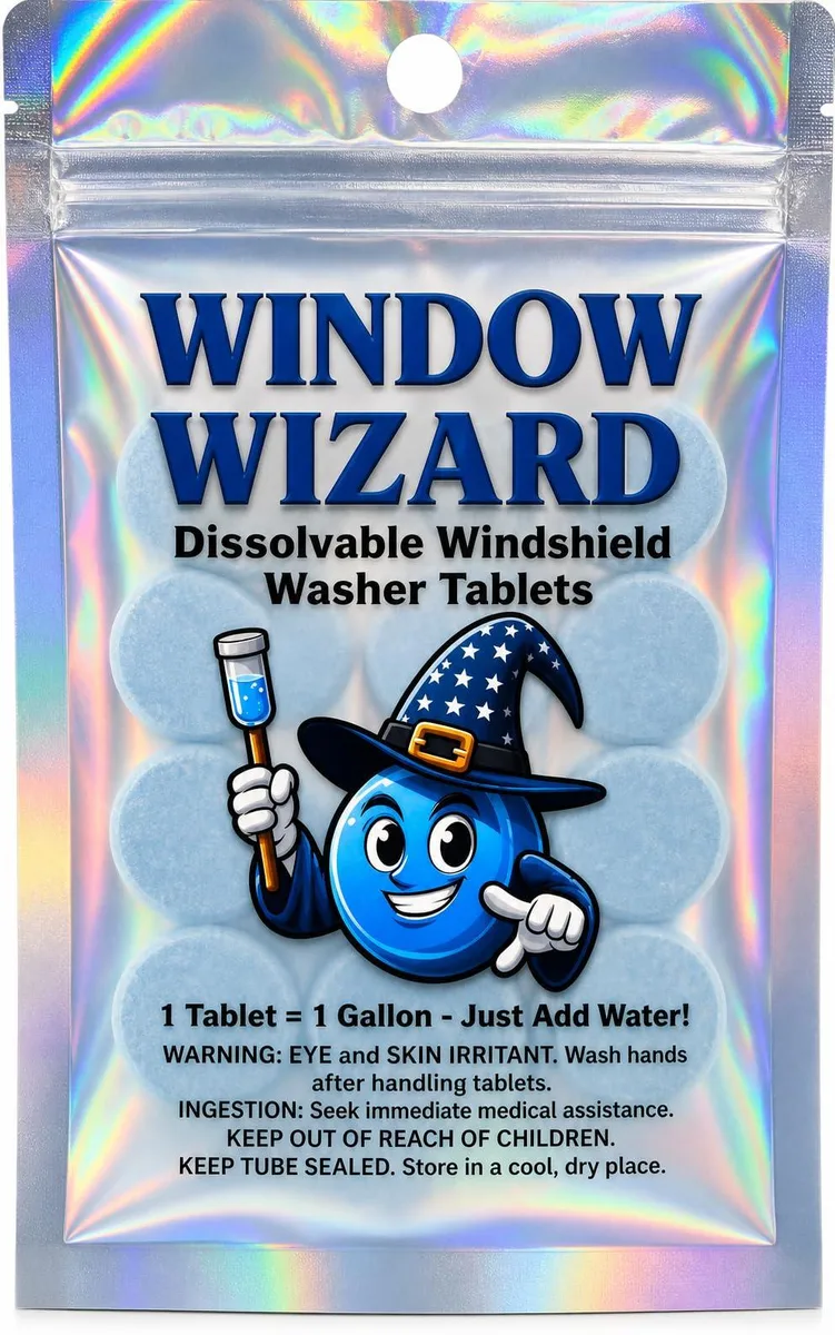 Box of twelve small white cleaning tablets in cardboard packaging
