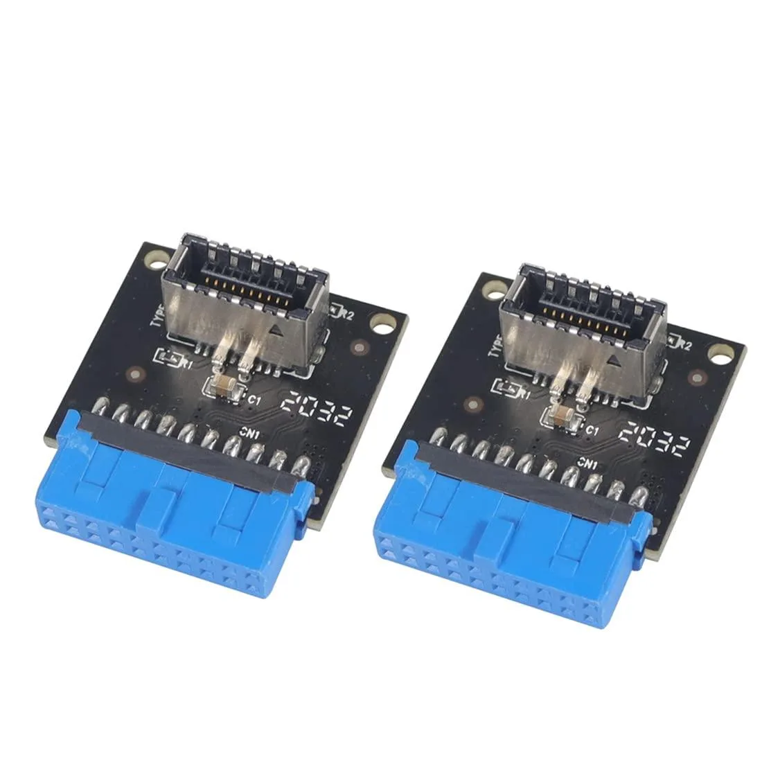 Two black rectangular adapters with USB 3.0 socket and 20-pin header connectors