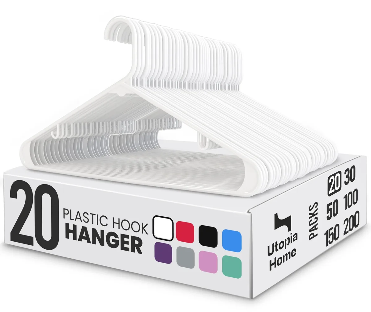 White plastic clothes hangers with built-in strap hooks, pack of 20