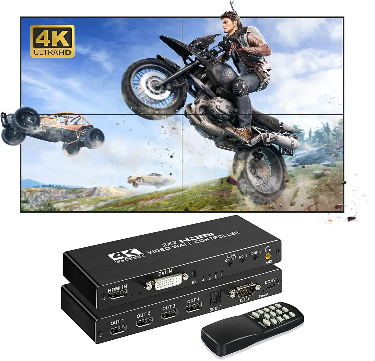 Compact black metal box with HDMI ports and remote