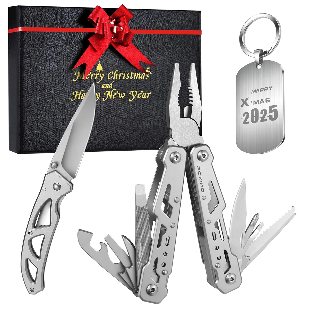 POXIMO PM-PKD 14-in-1 multi-tool pliers, folding knife and engraved tag in Christmas gift box