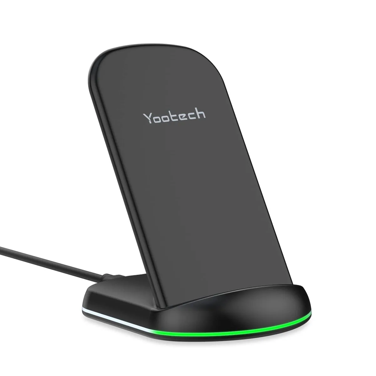 Black upright wireless charging stand with LED indicator and anti-slip base