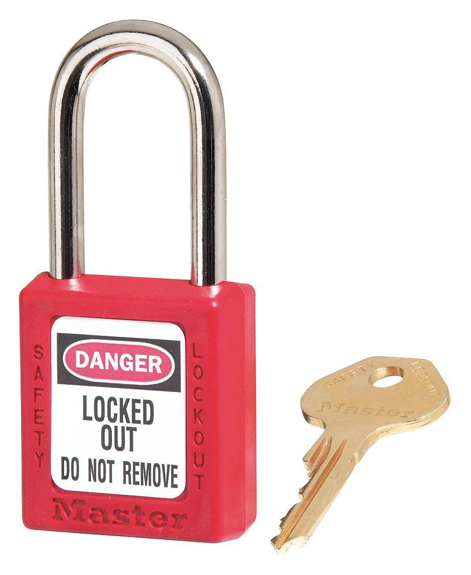 Red thermoplastic lockout padlock with metal shackle, keyed alike, danger header