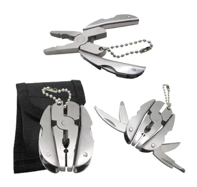 Twelve silver steel multitool pliers with keychain case