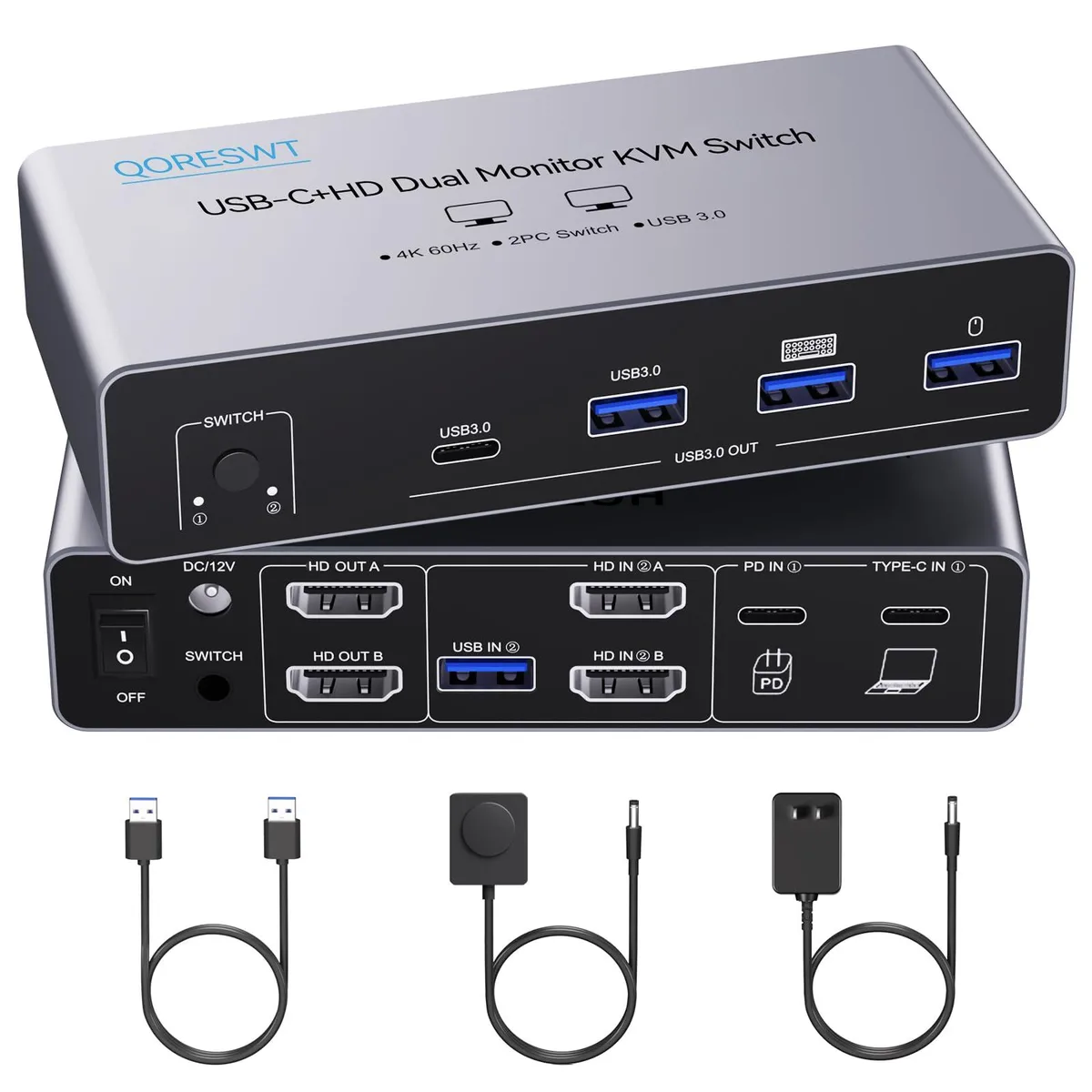  TRENDnet QOCH4Z-23 2-Computer USB-C/HDMI Dual-Monitor KVM Switch — product photo