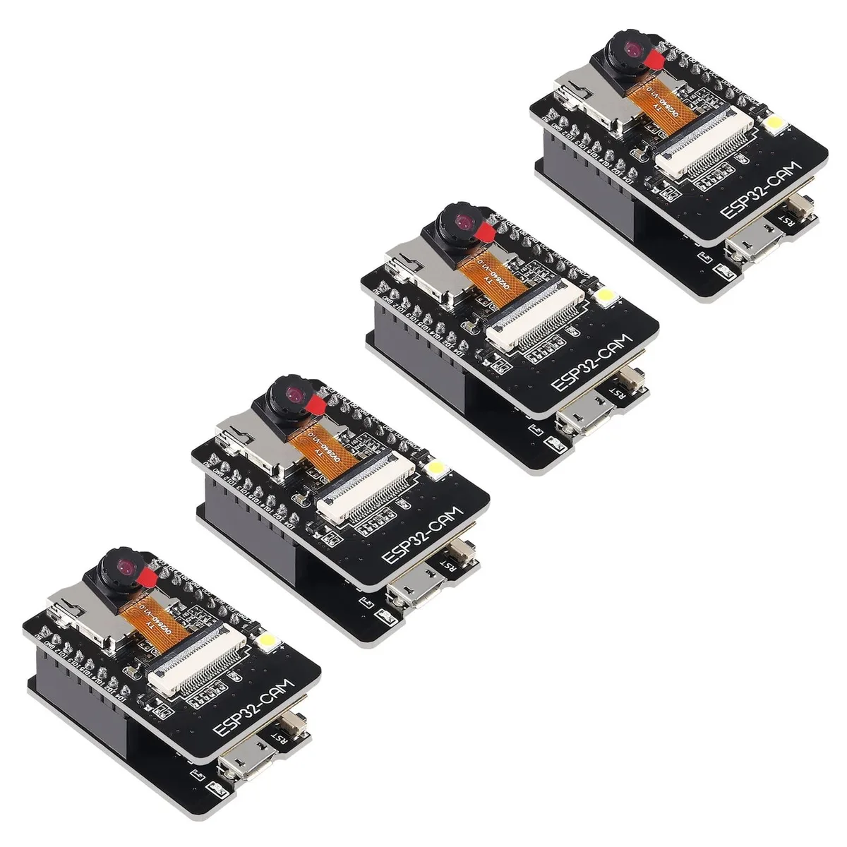 Green ESP32-CAM board with OV2640 camera module and Micro USB port