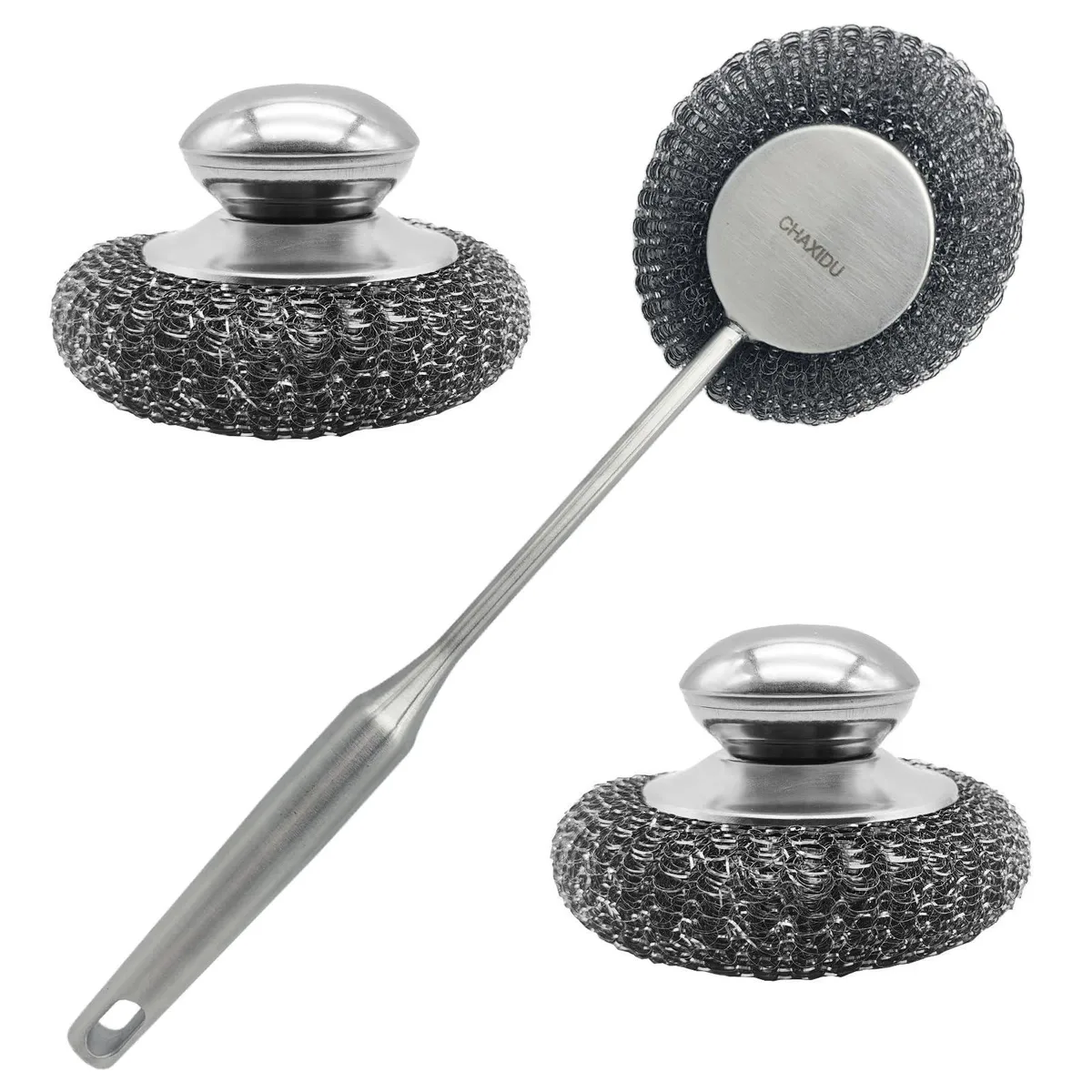 Three stainless steel wire brushes with handles, one long-handled, metallic silver finish