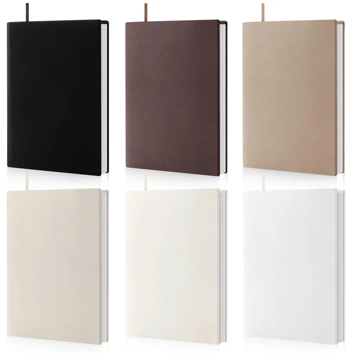 Six stretchable fabric book covers in beige, black, white, coffee and brown tones